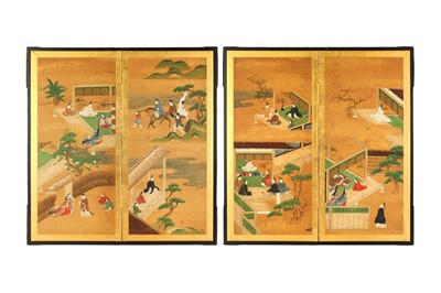 Lot 442 - A PAIR OF JAPANESE TWO-FOLD TOSA SCHOOL 'GENJI MONOGATARI' SCREENS, BYOBU