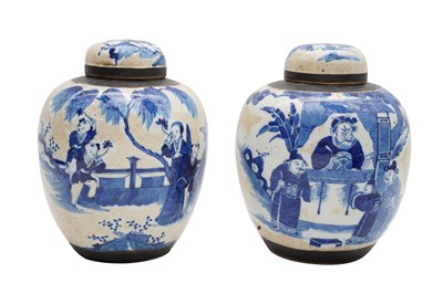 Lot 643 - A PAIR OF CHINESE BLUE AND WHITE JARS AND COVERS