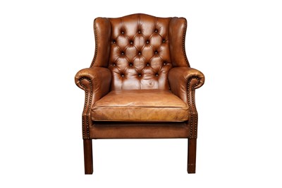 Lot 371 - A GEORGIAN STYLE TAN LEATHER WINGBACK ARMCHAIR