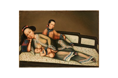 Lot 328 - A RARE CHINESE EXPORT 'NURSING MOTHER WITH INFANT AND ATTENDANT' PAINTING, UNKNOWN ARTIST