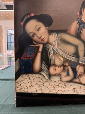 Lot 328 - A RARE CHINESE EXPORT 'NURSING MOTHER WITH INFANT AND ATTENDANT' PAINTING, UNKNOWN ARTIST