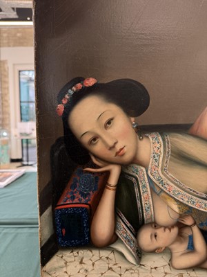 Lot 328 - A RARE CHINESE EXPORT 'NURSING MOTHER WITH INFANT AND ATTENDANT' PAINTING, UNKNOWN ARTIST