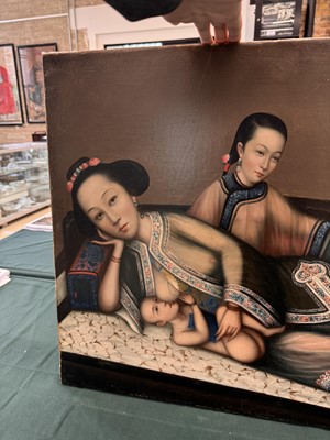 Lot 328 - A RARE CHINESE EXPORT 'NURSING MOTHER WITH INFANT AND ATTENDANT' PAINTING, UNKNOWN ARTIST