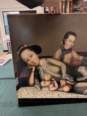 Lot 328 - A RARE CHINESE EXPORT 'NURSING MOTHER WITH INFANT AND ATTENDANT' PAINTING, UNKNOWN ARTIST