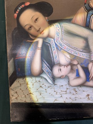 Lot 328 - A RARE CHINESE EXPORT 'NURSING MOTHER WITH INFANT AND ATTENDANT' PAINTING, UNKNOWN ARTIST