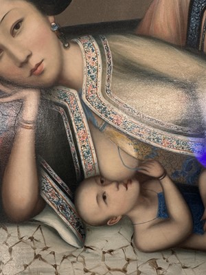 Lot 328 - A RARE CHINESE EXPORT 'NURSING MOTHER WITH INFANT AND ATTENDANT' PAINTING, UNKNOWN ARTIST