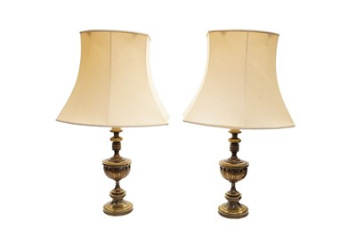 Lot 157 - A PAIR OF AGED BRASS TABLE LAMPS, 20TH CENTURY