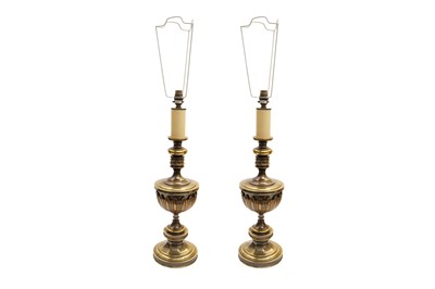 Lot 157 - A PAIR OF AGED BRASS TABLE LAMPS, 20TH CENTURY