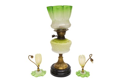 Lot 128 - A PAIR OF OPALESCENT GLASS LILY EPERGNE AFTER JOHN WALSH AND A VICTORIAN OIL LAMP