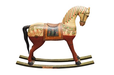 Lot 334 - AN INDIAN PAINTED WOOD ROCKING HORSE OF SMALL PROPORTIONS, 20TH CENTURY