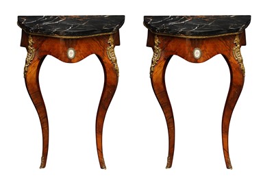 Lot 365 - A PAIR OF FRENCH LOUIS XVI STYLE WALNUT AND ORMOLU CONSOLE TABLES, CIRCA 1880