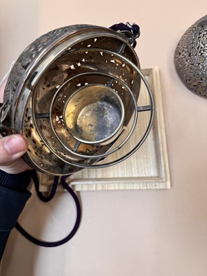 Lot 415 - A LARGE JAPANESE HANGING SILVER INCENSE BURNER, TSURI-KORO