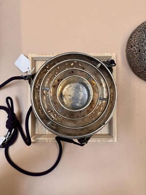 Lot 415 - A LARGE JAPANESE HANGING SILVER INCENSE BURNER, TSURI-KORO