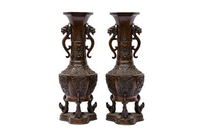 Lot 405 - A PAIR OF JAPANESE BRONZE 'DRAGON' VASES