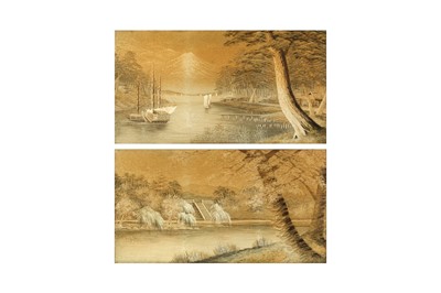 Lot 439 - A PAIR OF JAPANESE EMBROIDERED SILK 'LANDSCAPE' PANELS