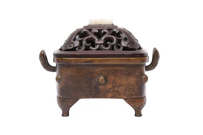 Lot 216 - A CHINESE BRONZE CENSER AND JADE-INSET WOOD COVER