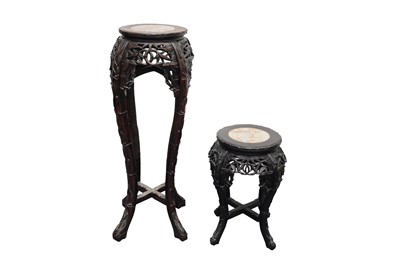 Lot 324 - TWO CHINESE WOOD MARBLE-INSET JARDINIERE STANDS