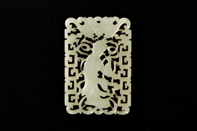 Lot 138 - A CHINESE PALE-CELADON JADE 'LADY' PLAQUE