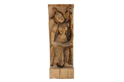 Lot 335 - A CARVED WOODEN WALL HANGING STATUE OF A WINGED APSARA
