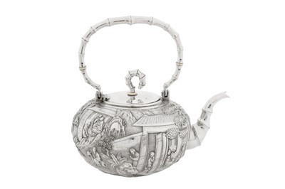 Lot 191 - A late 19th / early 20th century Chinese Export silver teapot/kettle, Canton circa 1900 by Ye Bo, retailed by Luen Wo of Shanghai
