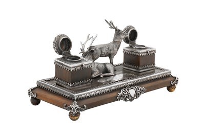 Lot 115 - A late 19th century Anglo – Indian silver mounted rosewood inkstand or standish, Cutch, Bhuj circa 1890 by Mawji Raghavji