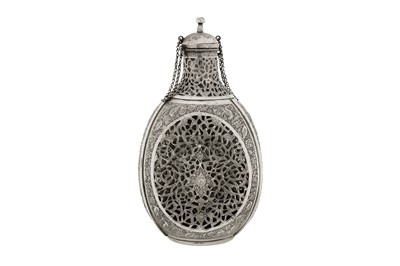 Lot 214 - A mid-20th century Persian (Iranian) silver mounted Haig’s bottle, Isfahan circa 1950 mark of Bagher Parvaresh (c.1910-1978, master 1928)