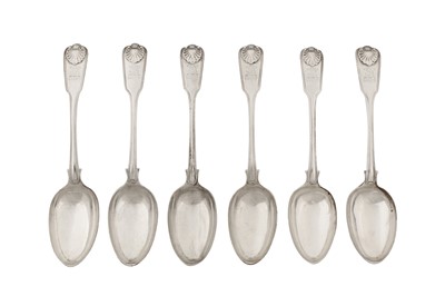 Lot 78 - A set of six mid-19th century Indian colonial silver tablespoons, Calcutta 1850 by Lattey Brothers & Co (active 1843-55)