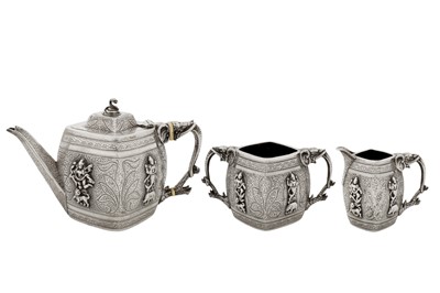 Lot 83 - A Victorian sterling silver Anglo – Indian style three-piece tea service, London 1888 by Edward Hutton