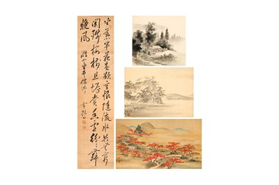 Lot 710 - THREE JAPANESE LANDSCAPE SCROLL PAINTINGS AND A CALLIGRAPHY