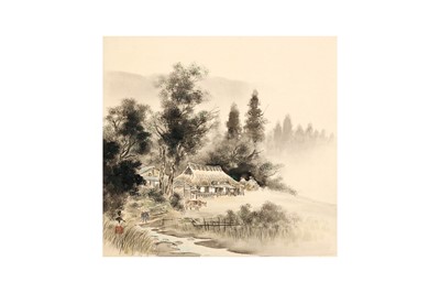 Lot 710 - THREE JAPANESE LANDSCAPE SCROLL PAINTINGS AND A CALLIGRAPHY