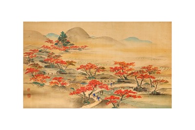 Lot 710 - THREE JAPANESE LANDSCAPE SCROLL PAINTINGS AND A CALLIGRAPHY