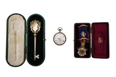 Lot 40 - A SILVER KEY, A MEDAL AND A POCKET WATCH