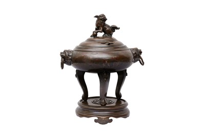 Lot 185 - A VIETNAMESE SILVER- AND COPPER-INLAID BRONZE CENSER, COVER AND STAND