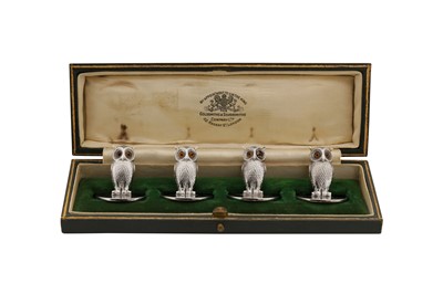 Lot 44 - A cased set of four George V sterling silver novelty menu holders, London 1935 by Goldsmiths and Silversmiths