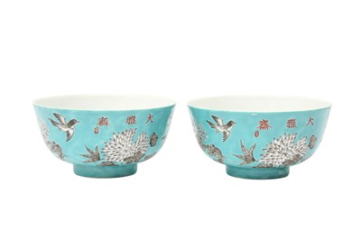 Lot 525 - TWO CHINESE EN-GRISAILLE TURQUOISE-GROUND BOWLS