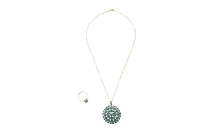 Lot 20 - A 9CT GOLD BLUE ZIRCON PENDANT NECKLACE AND A RING