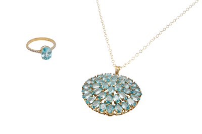 Lot 51 - A 9CT GOLD BLUE ZIRCON PENDANT NECKLACE AND A RING
