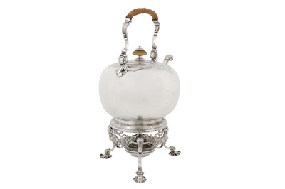 Lot 471 - A George II sterling silver kettle upon burner stand, London 1735 by Edward Pocock (reg. 11th Dec 1728)