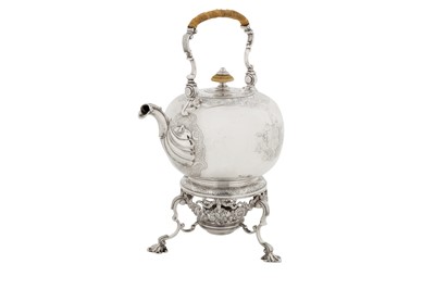 Lot 471 - A George II sterling silver kettle upon burner stand, London 1735 by Edward Pocock (reg. 11th Dec 1728)