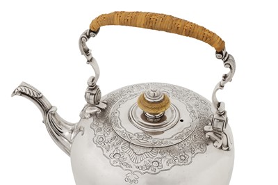 Lot 471 - A George II sterling silver kettle upon burner stand, London 1735 by Edward Pocock (reg. 11th Dec 1728)