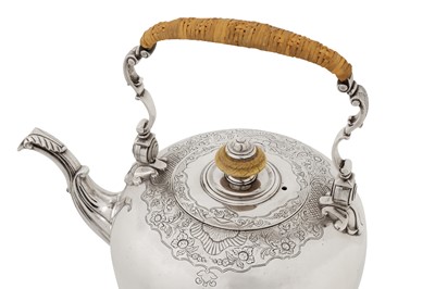 Lot 471 - A George II sterling silver kettle upon burner stand, London 1735 by Edward Pocock (reg. 11th Dec 1728)