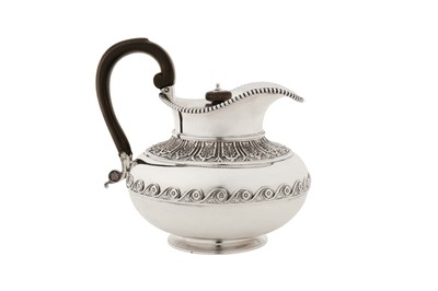 Lot 443 - A George III sterling silver hot water pot or jug, London 1814 by Richard Sibley (this mark reg. 13th July 1812)