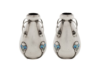 Lot 308 - A pair of Edwardian art nouveau sterling silver and enamel posy vases, Birmingham 1906 by James Fenton and Co