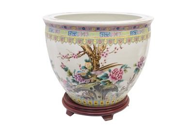 Lot 217 - A LARGE CHINESE FAMILLE-ROSE JARDINIERE AND WOOD STAND