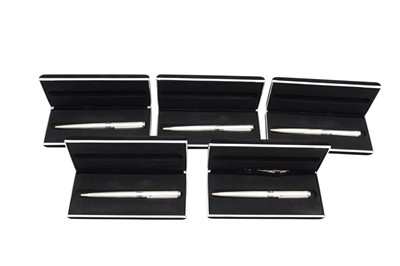 Lot 77 - A SET OF FIVE ICON PEN CO STERLING SILVER BALLPOINT PENS, ITALY