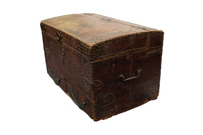 Lot 161 - A LEATHER AND STUDDED DOME TOP MARRIAGE TRUNK, DATED 1700 TO THE LID