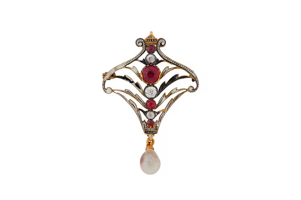 Lot 12 - CARLO & ARTHUR GIULIANO Ι A RUBY, GARNET, DIAMOND, PEARL AND ENAMEL BROOCH