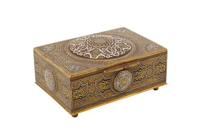 Lot 95 - A LATE 19TH CENTURY NASRID STYLE SPANISH TOLEDO SILVER AND GOLD-DAMASCENED  BOX