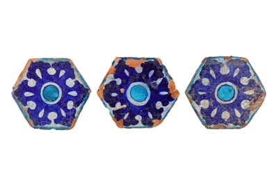 Lot 169 - THREE 14TH-16TH CENTURY INDIAN SULTANATE DECCAN GLAZED POTTERY HEXAGONAL TILES