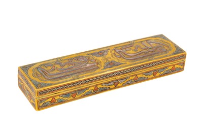 Lot 83 - A 19TH CENTURY SYRIAN DAMASCUS SILVER AND COPPER INLAID BRASS PEN BOX